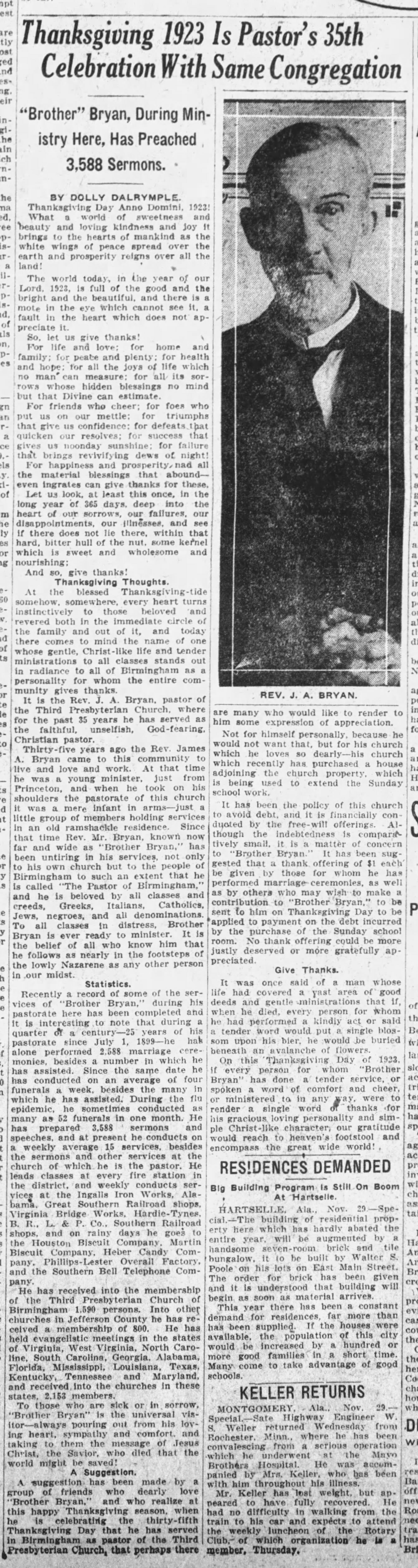 Thanksgiving 1923 Is Pastor's 35th Celebration With Same Congregation